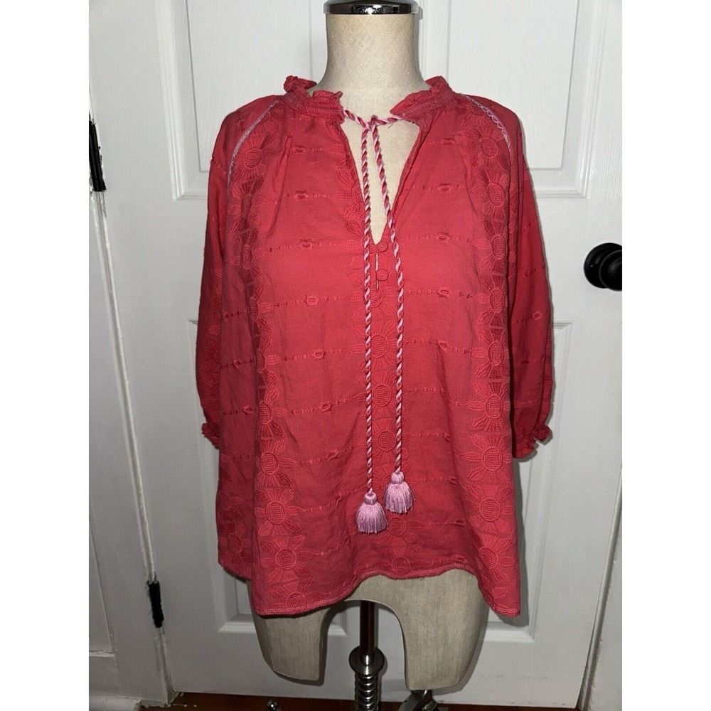 Omika Women's Pink Boho Pom Pom Tassel Blouse Size L Large Floral 3/4 Sleeve